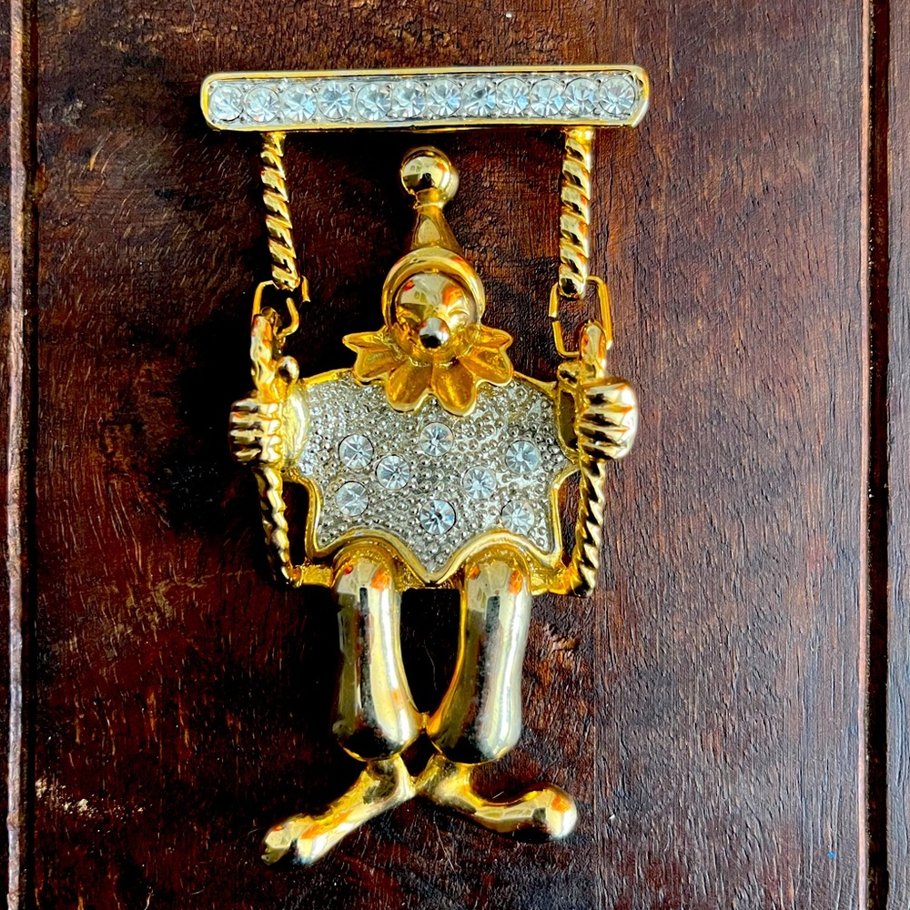 Antique Brooch Clown on a Swing Gold Metal with Rhinestones